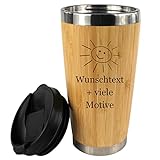 Kaffeebecher mit Namen + Motiv Gravur in Holz Optik, Isolierbecher groß 0,4 L für Coffee to go, Kaffee Edelstahlbecher mit Deckel zum Mitnehmen, personalisiertes Geschenk