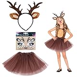 UILYNIU 3 Stück Kostüm Rentier Stirnband Mädchen Tierkostüm Kinder mit Rentier Haarreif mit Ohren Gesichtstattoo Tutu, Hörner Hirschohren für Karneval Halloween Kostüm Tier Ohren Weihnachten