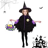 IWTBNOA Hexenkostüm Kinder Mädchen, Halloween Umhang Mädchen, Lila-Schwarz Hexenkostüm Mädchen, Halloween Kostüm Kinder mit Halloween Tasche und Hexenhut, Mädchen Hexen Kostüm für Halloween Karneval