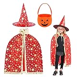 Wishstar Halloween kostüm Kinder, Hexe Zauberer Umhang mit Hut, Fasching Kostüme Hexenkostüm, zauberumhang Kinder Rot mit Hut、Kürbis Candy Bag, für Halloween Cosplay Party